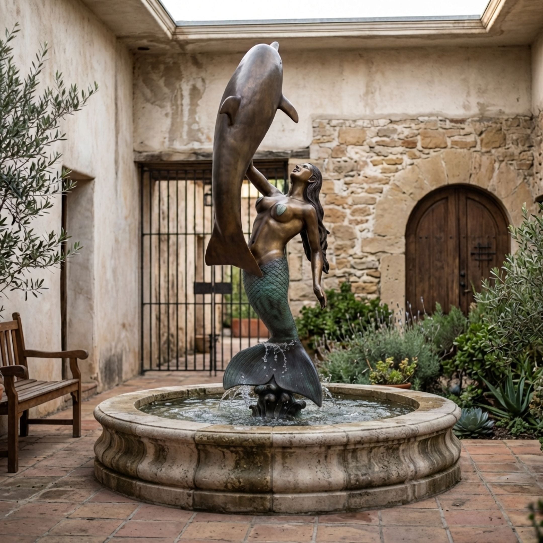 Monumental Classical Mermaid and Dolphin Bronze Sculpture with verdigris tail on a stone fountain in a Mediterranean courtyard with olive trees.