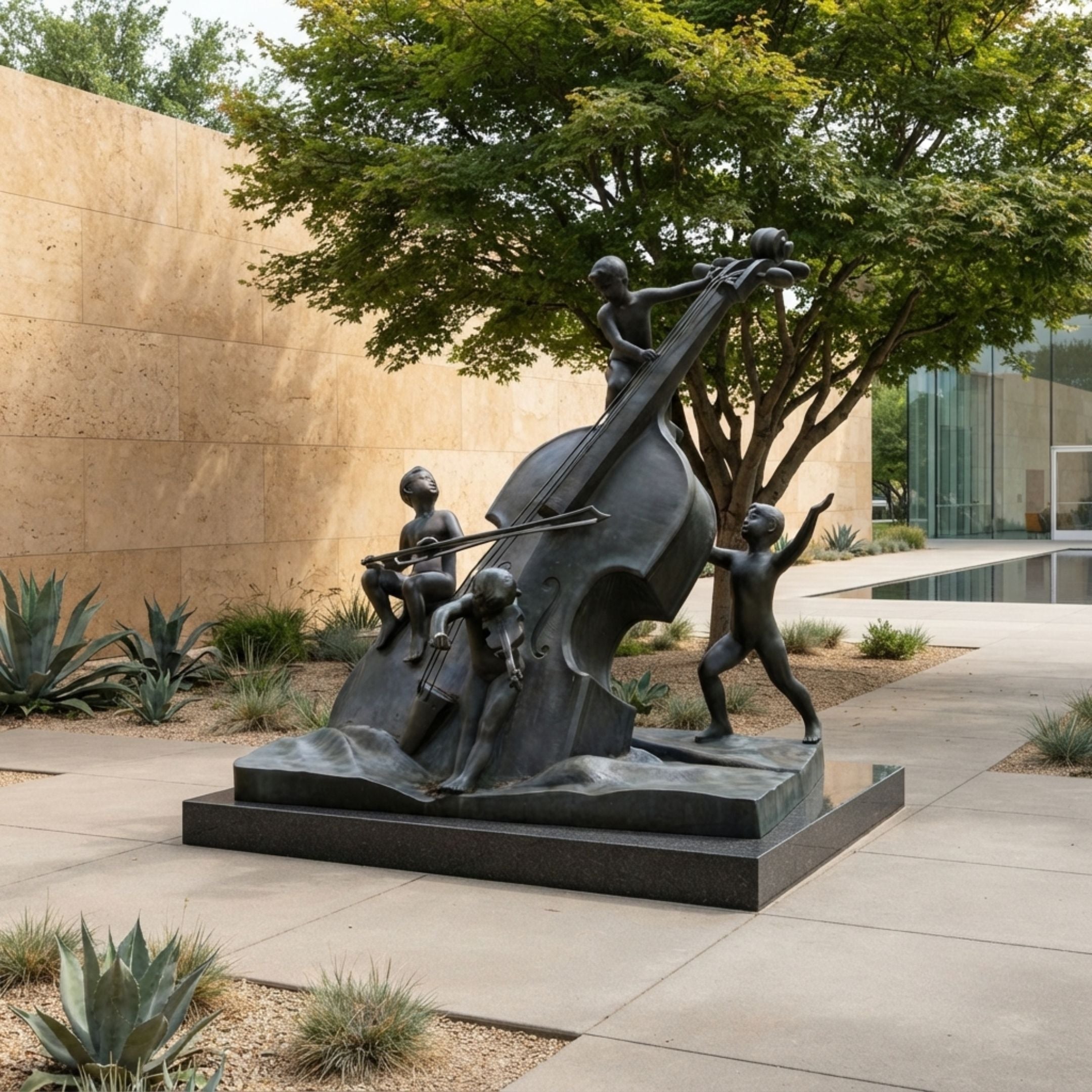 Monumental Contemporary Children with Double Bass Bronze Sculpture - 220cm