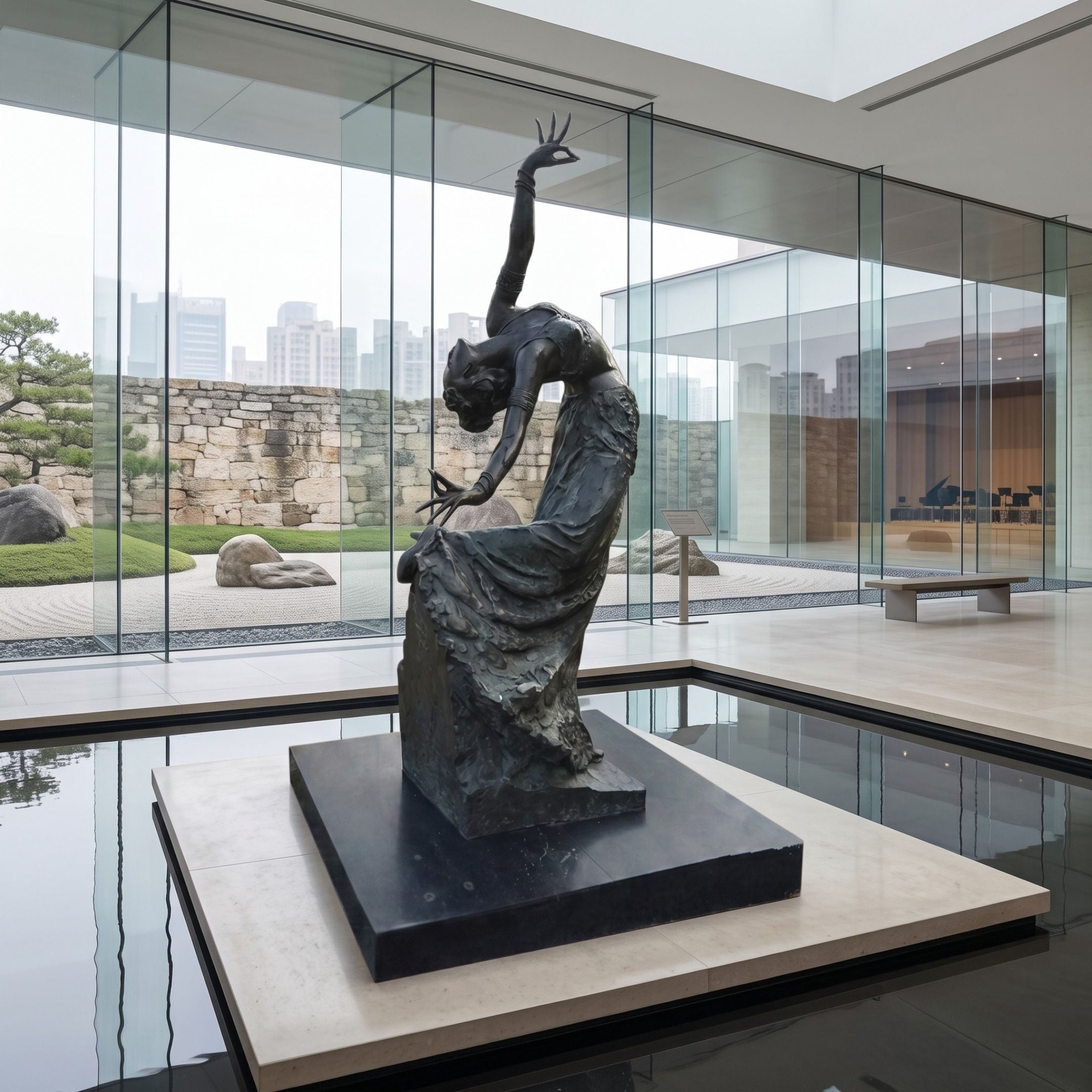 Giant Sculptures' 260cm Monumental Contemporary Dancing Female Figure Bronze Sculpture arched backward on a granite plinth in a glass gallery beside a rock garden.