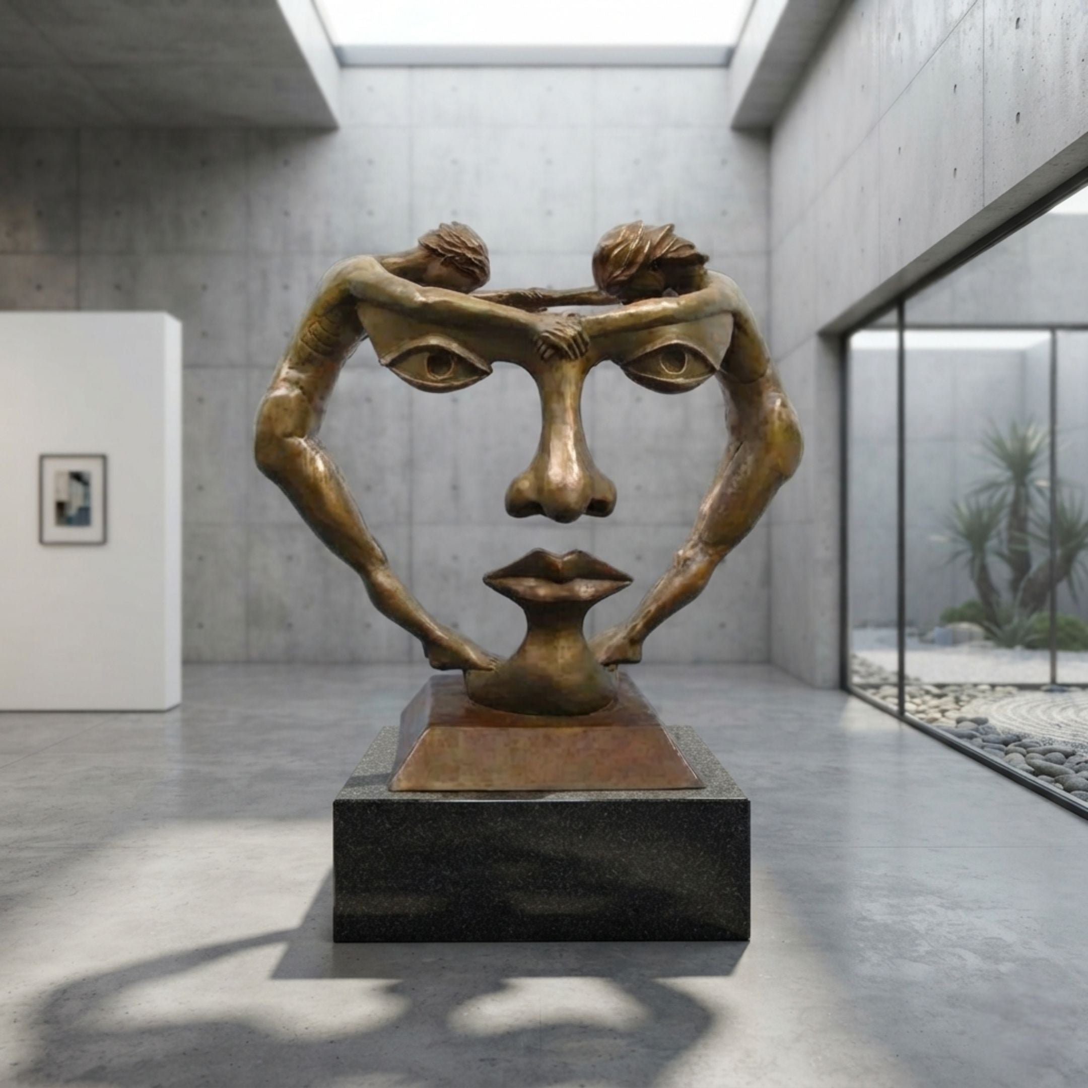 Monumental Contemporary Dual Figures Face Bronze Sculpture, 350cm, gold-toned bronze figures forming a face silhouette on a black plinth in a gallery setting.