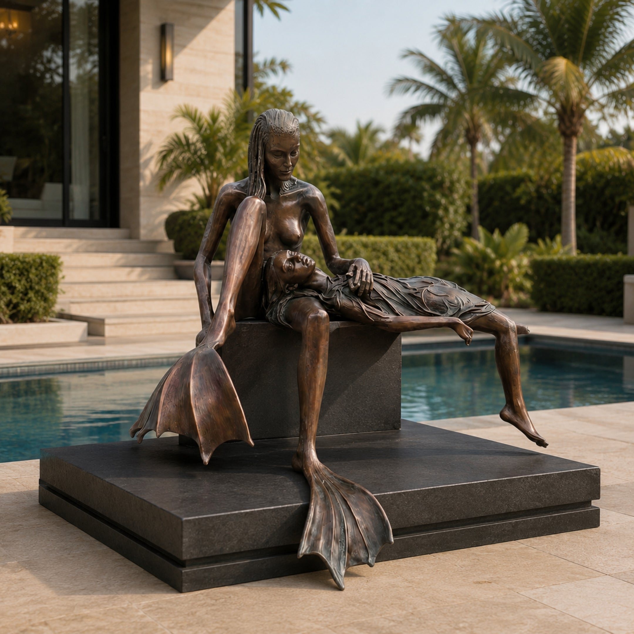 Monumental Contemporary Dual Mermaid Bronze Fountain by Giant Sculptures in warm patina, displayed on a dark plinth beside a poolside patio with palms.