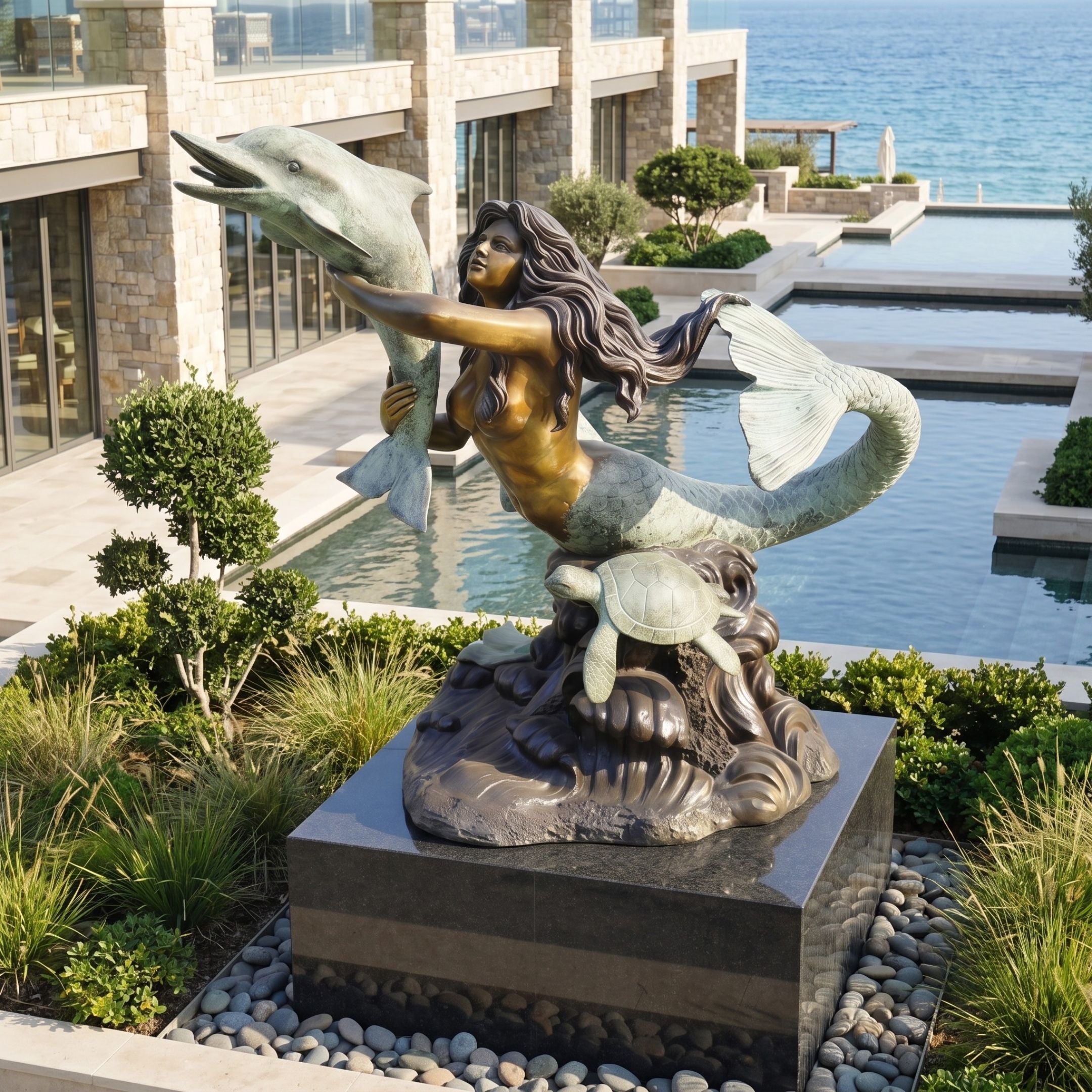 Monumental Contemporary Mermaid with Dolphin and Turtle Bronze Sculpture by Giant Sculptures on a granite plinth beside a reflecting pool overlooking the sea.