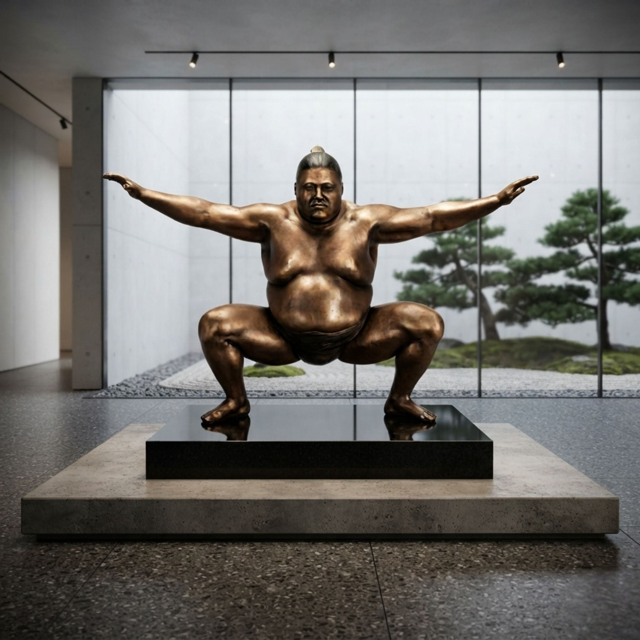 Monumental Contemporary Sumo Wrestler Bronze Sculpture, 300cm, shown in shiko stance on a granite base within a modern gallery interior.