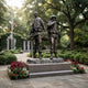 Monumental Military Soldiers Bronze Sculpture by Giant Sculptures, 300cm dark bronze pair of soldiers in combat gear on a granite base in a memorial garden.