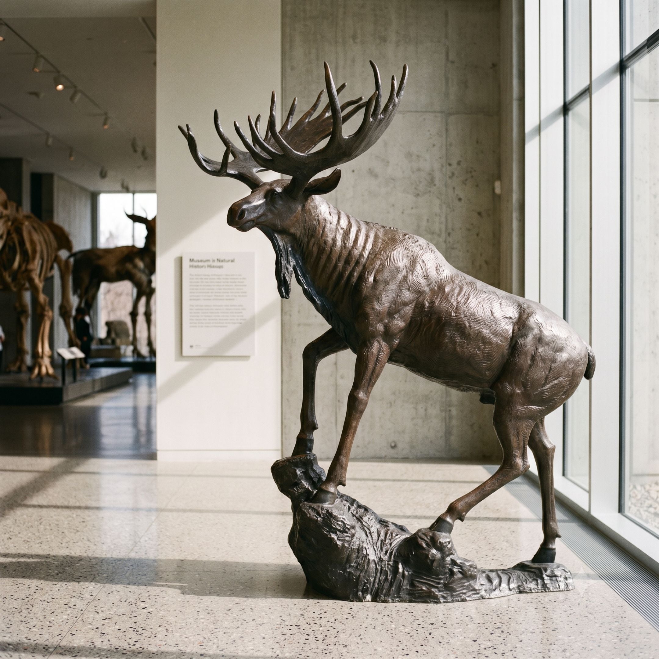 Monumental Rearing Bull Moose Bronze Sculpture by Giant Sculptures, dark brown patina on a rocky base, displayed in a museum gallery beside skeletal exhibits.