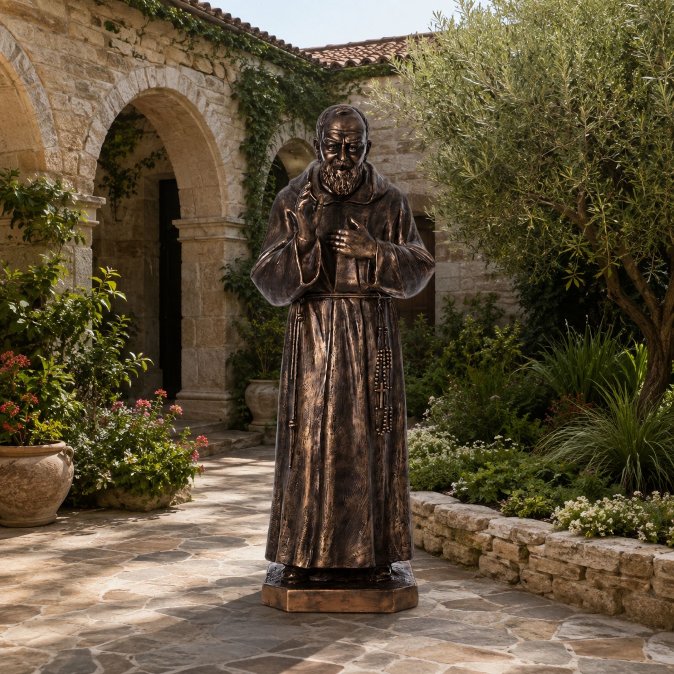 Monumental Traditional Robed Friar Bronze Statue, 300cm, in a courtyard with stone arches and greenery, hands raised in blessing with a rosary.