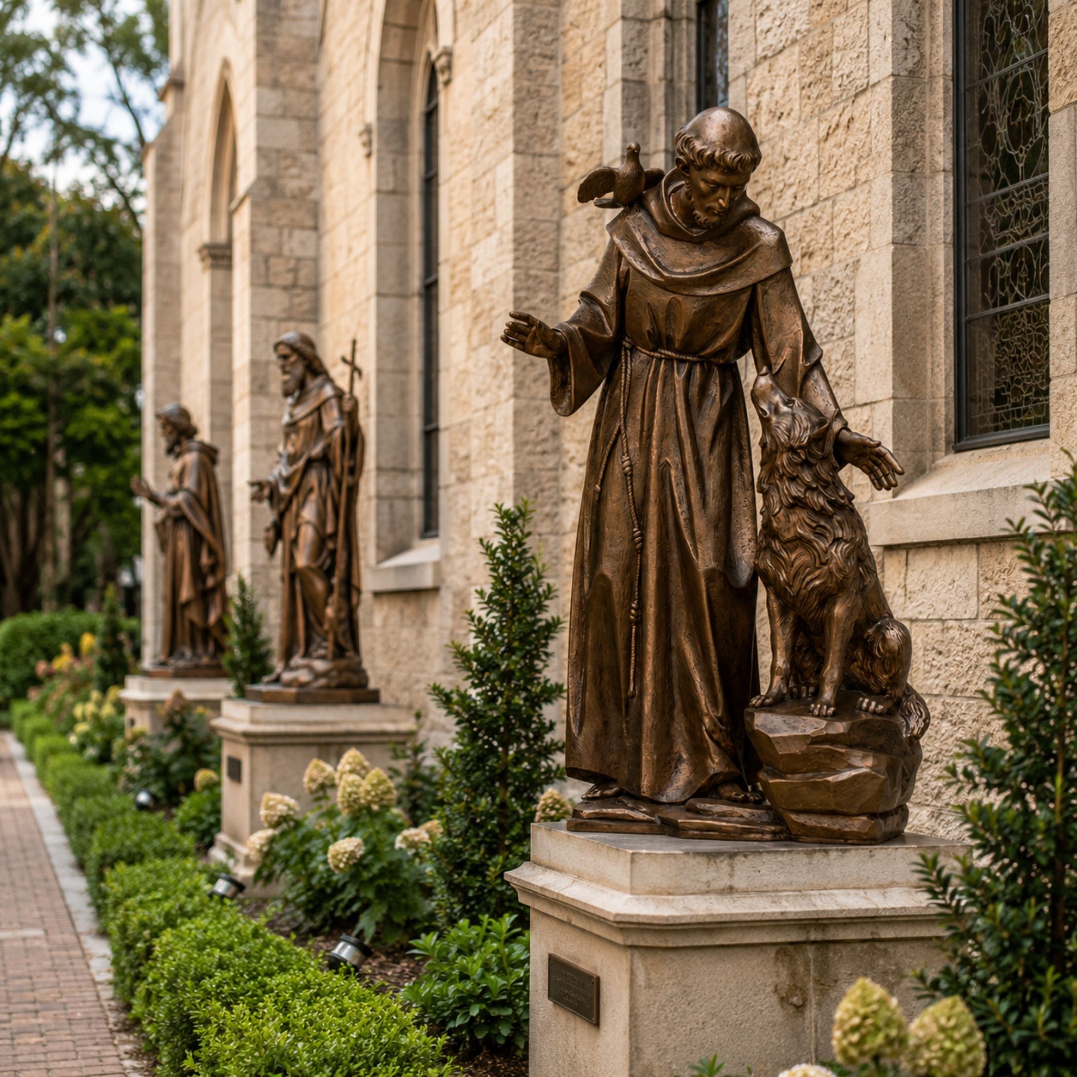 Monumental Traditional Robed Friar with Dove and Wolf Bronze Sculpture by Giant Sculptures displayed on a stone plinth beside a cathedral with other bronze saints.