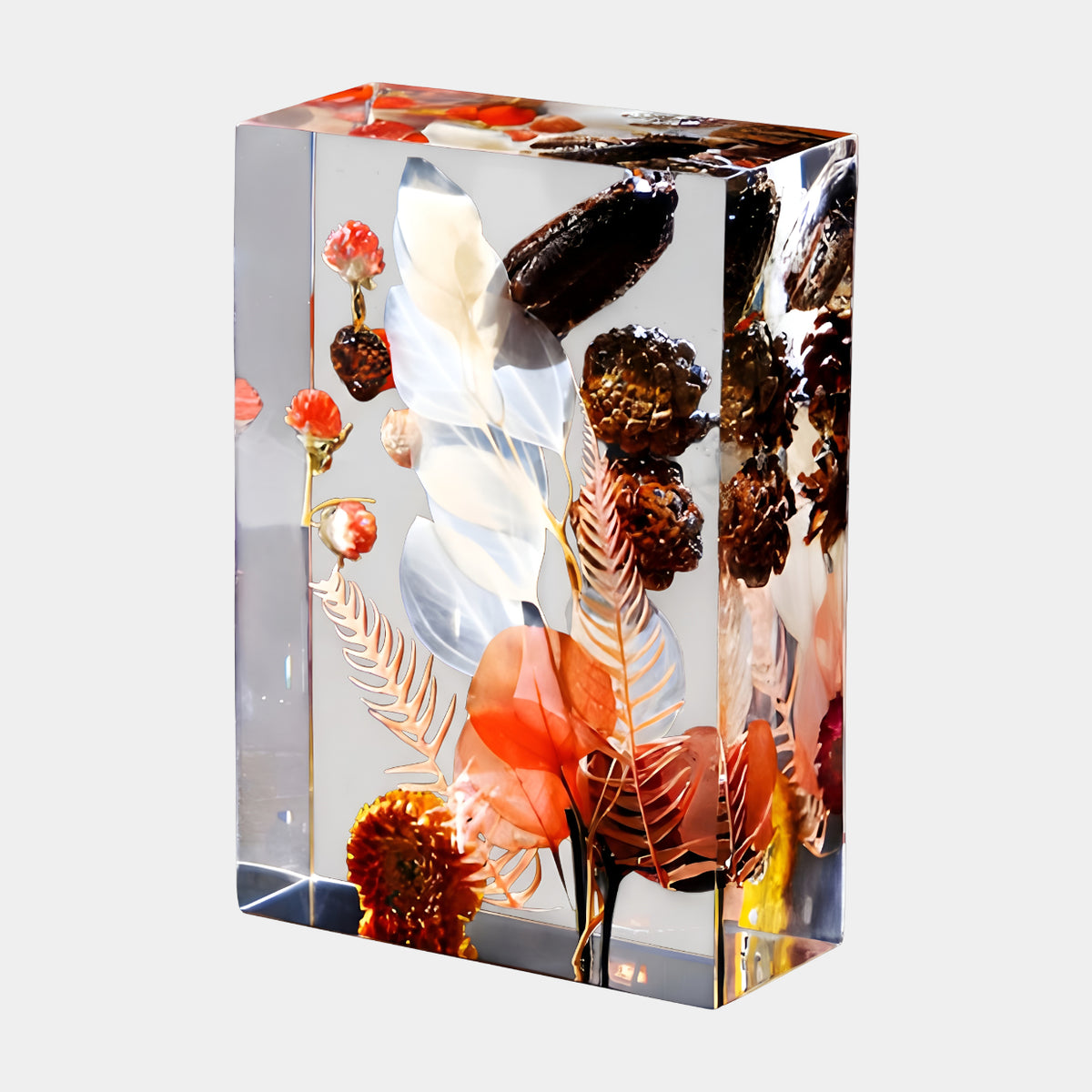 Clear Scaly Cone & Pearly Leaf Block Resin Sculpture - 24cm
