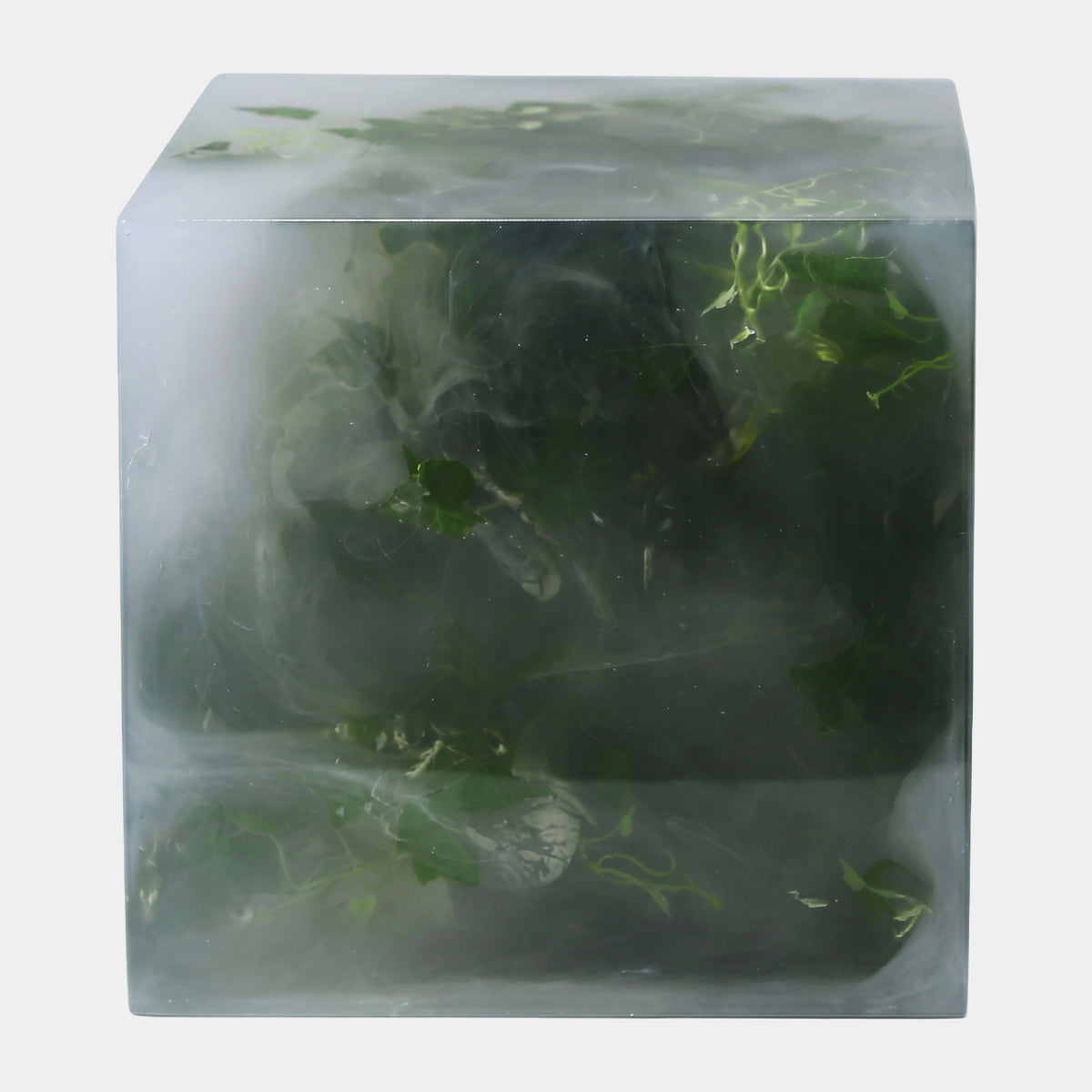 Deep Green Smoky Foliage Cube Resin Sculpture - 30cm