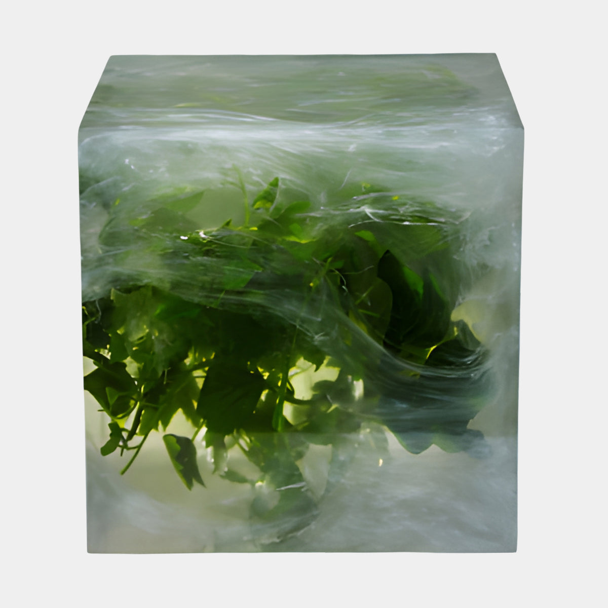Bright Green Misted Foliage Cube Resin Sculpture - 30cm