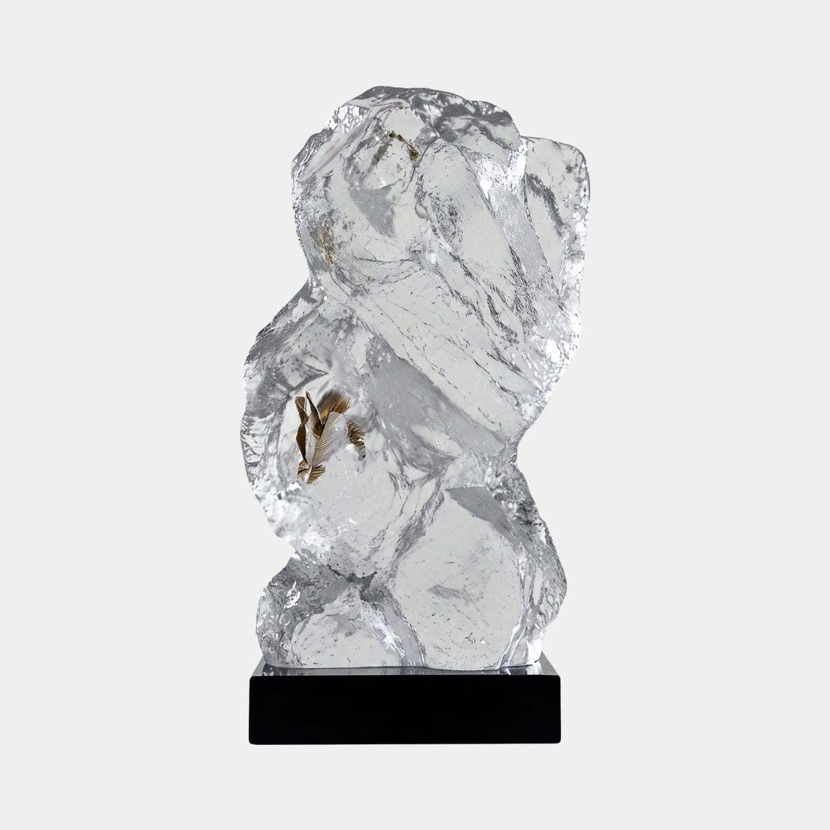 Clear Fractured Ice Block Leaf Resin Sculpture, 56cm, with faceted icy resin form and embedded leaf detail on a black marble base, set against a plain white background.