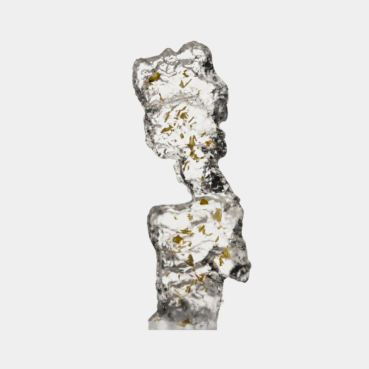 Clear Gold Fleck Craggy Rock Resin Sculpture, 56cm, a slender faceted column with suspended gold leaf flecks, shown against a plain light grey background.