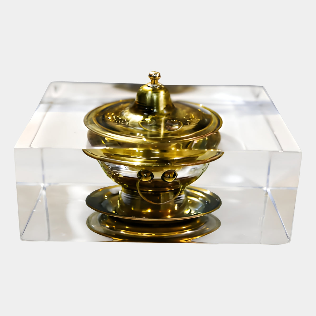 Clear Gold Ornate Lidded Vessel Block Resin Sculpture - 26cm