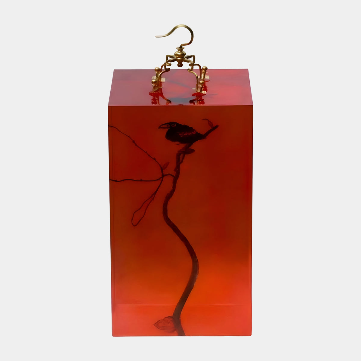 Red Perched Bird & Branch Block Resin Sculpture - 50cm