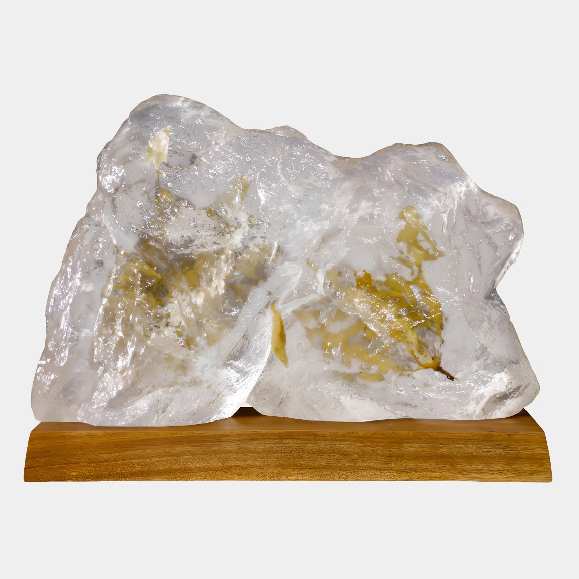 Clear Yellow Leaf Twin-Lobed Rock Resin Sculpture on Solid Wood Base - 45cm