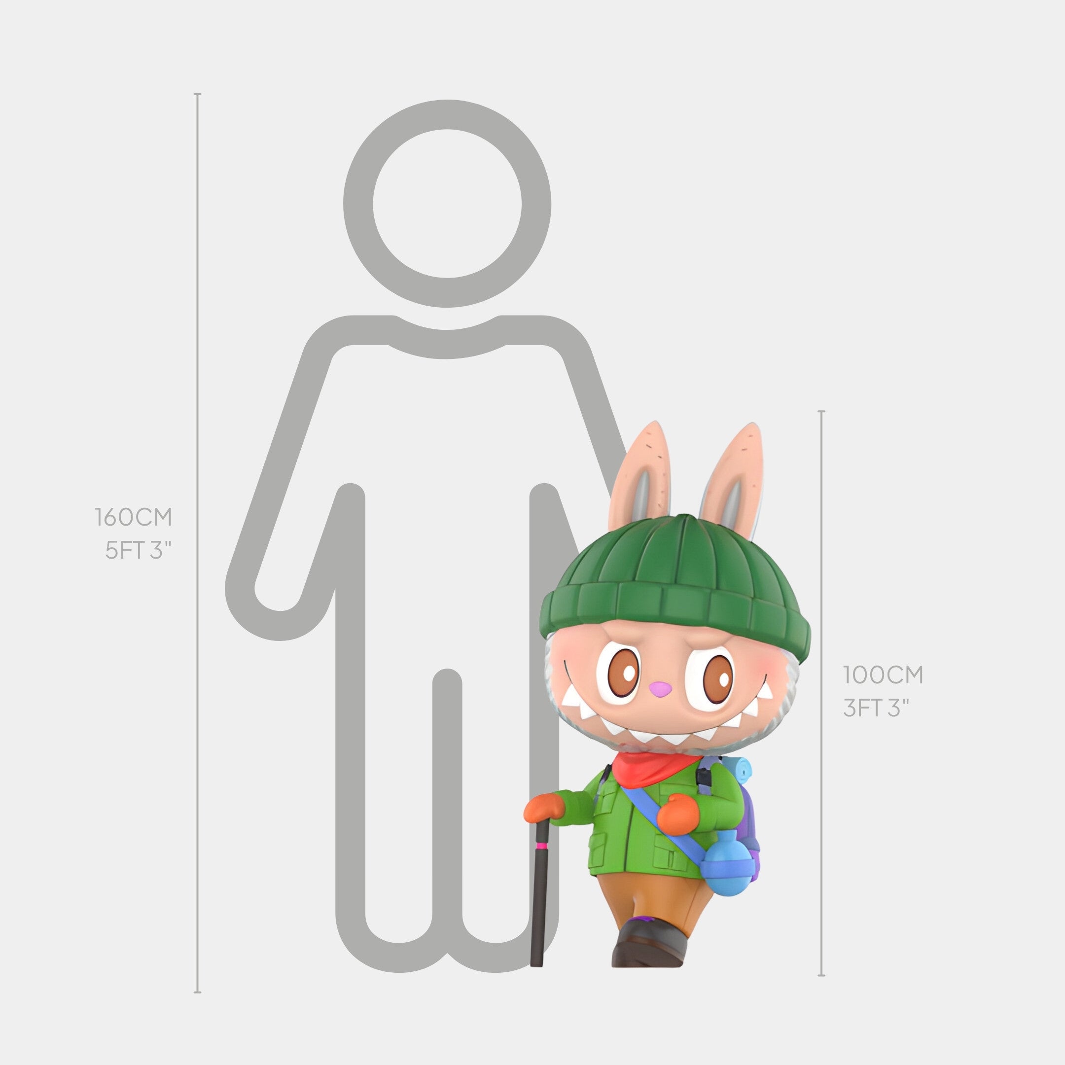 The Giant Sculptures Camp Life Trail Walker Labubu Sculpture - 100cm features a bunny in hiking gear, standing before grey height markers at 160 cm and 100 cm—perfect for showcasing its outdoor spirit and impressive presence.