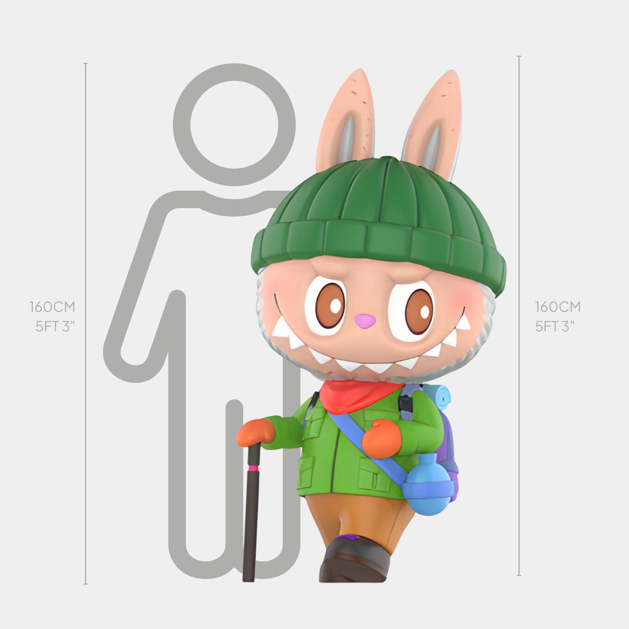 The Camp Life Trail Walker Labubu Sculpture by Giant Sculptures features a cartoon rabbit in outdoor gear and green beanie, standing 160cm tall with backpack and hiking stick—ready for adventure.
