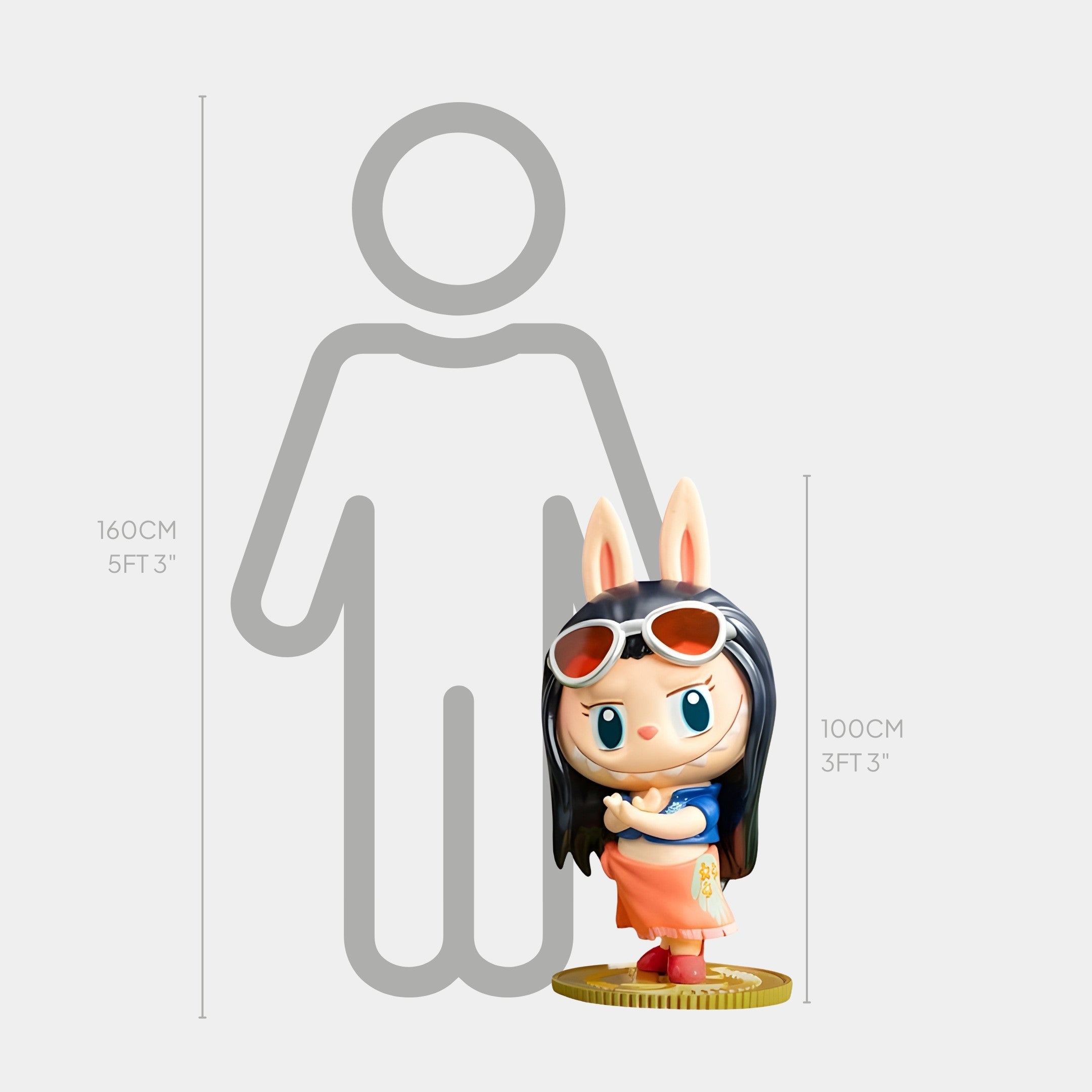 The Grand Line Nico Robin Labubu Sculpture by Giant Sculptures is a 100cm-tall fibreglass figurine with bunny ears, sunglasses, and a dress, displayed on a coin base beside a height chart and the outline of a 160cm person.