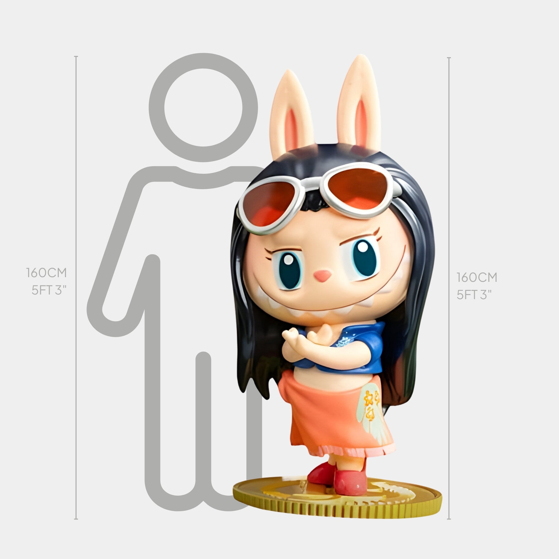 The Grand Line Nico Robin Labubu Sculpture by Giant Sculptures stands 160cm tall, featuring a chibi girl with bunny ears, sunglasses, long dark hair, and a colorful outfit on a round base—a must-have collectors piece.