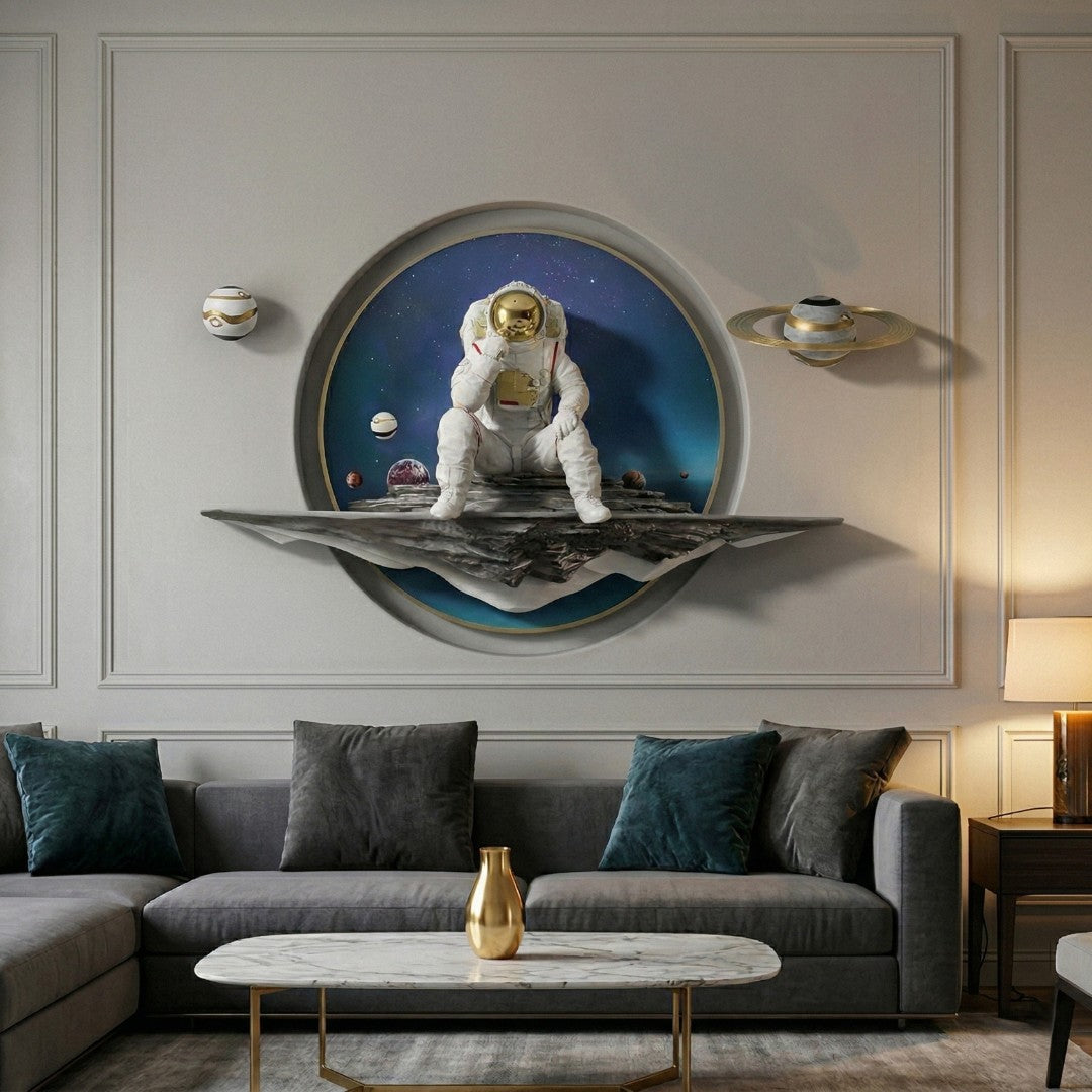 White 3D Galaxy Astronaut Thinker Round Wall Art