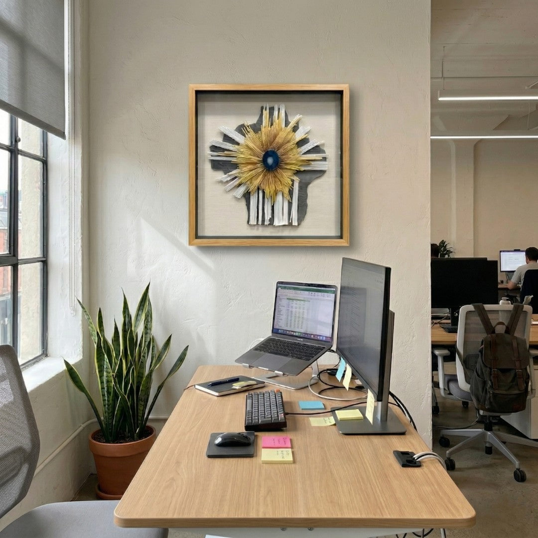 Asterfold I White & Yellow Sunburst 3D Wall Art by Giant Sculptures mounted on a beige office wall above a wooden desk with laptop, monitor, snake plant, and sticky notes.