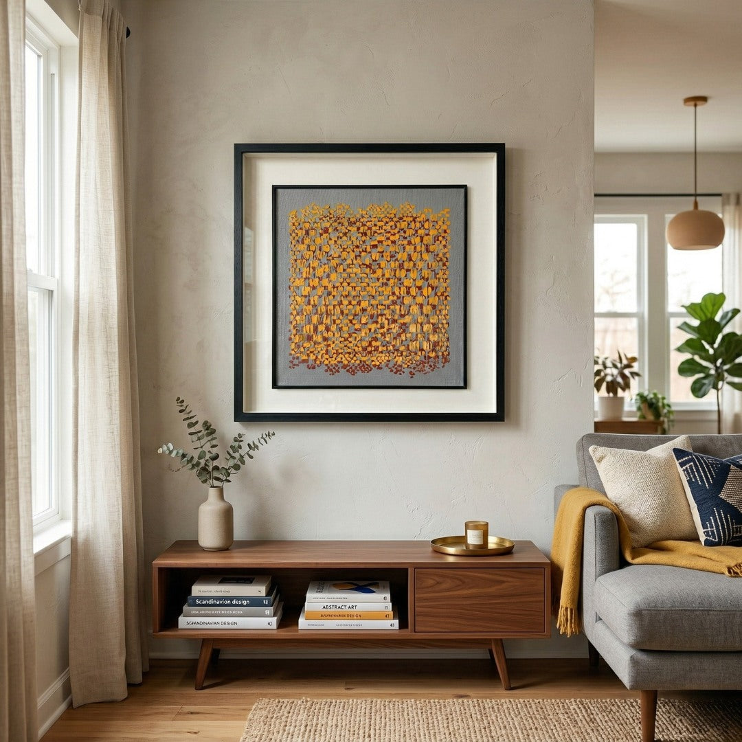 Tracera Slate & Ochre Mosaic Abstract Textured Framed Wall Art by Giant Sculptures displayed in a living room above a walnut credenza, showing ochre brushstrokes on a grey ground in a double-layer black frame.