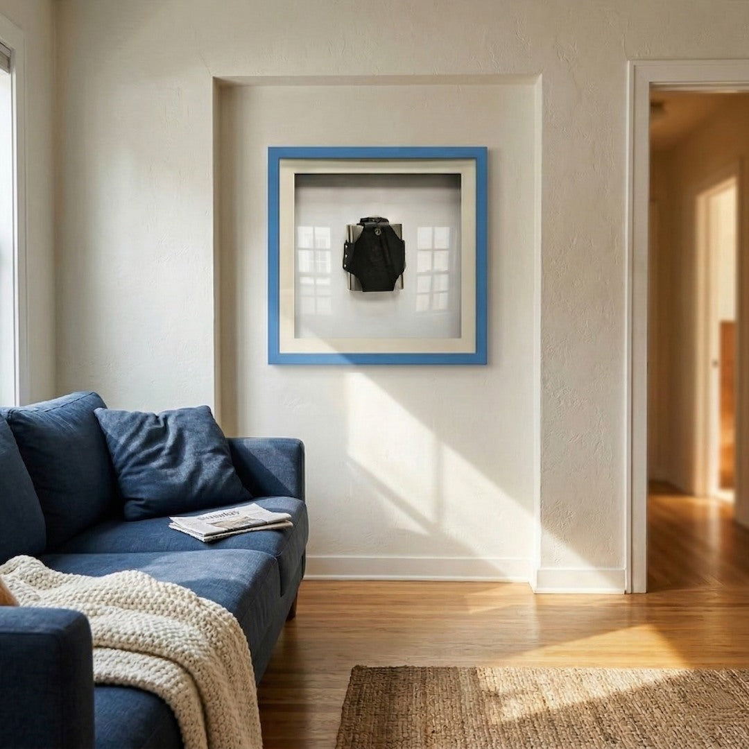 Valet Noir Leather Flask Blue Framed Wall Art by Giant Sculptures displayed in a living room alcove above a blue sofa, featuring a black leather-wrapped stainless-steel flask mounted in a cream mat with a bold blue wood frame.