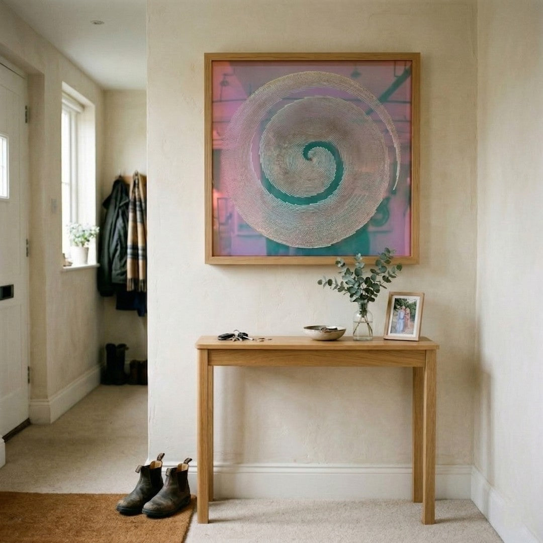 Halochrom Iridescent Spiral Texture Relief 3D Wall Art by Giant Sculptures in a natural wood frame, displayed above an oak console table in a cream-walled hallway with boots and eucalyptus vase nearby.