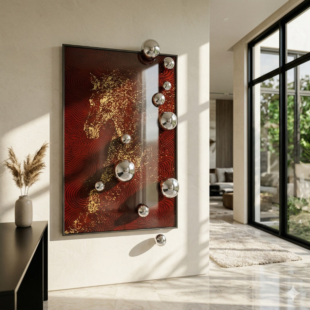 AstraLuxe Crimson & Gold 3D Wall Art With Metal Balls by Giant Sculptures displayed in a sunlit hallway, showing its deep red swirling canvas, gold horse motif, and cascading polished chrome spheres.