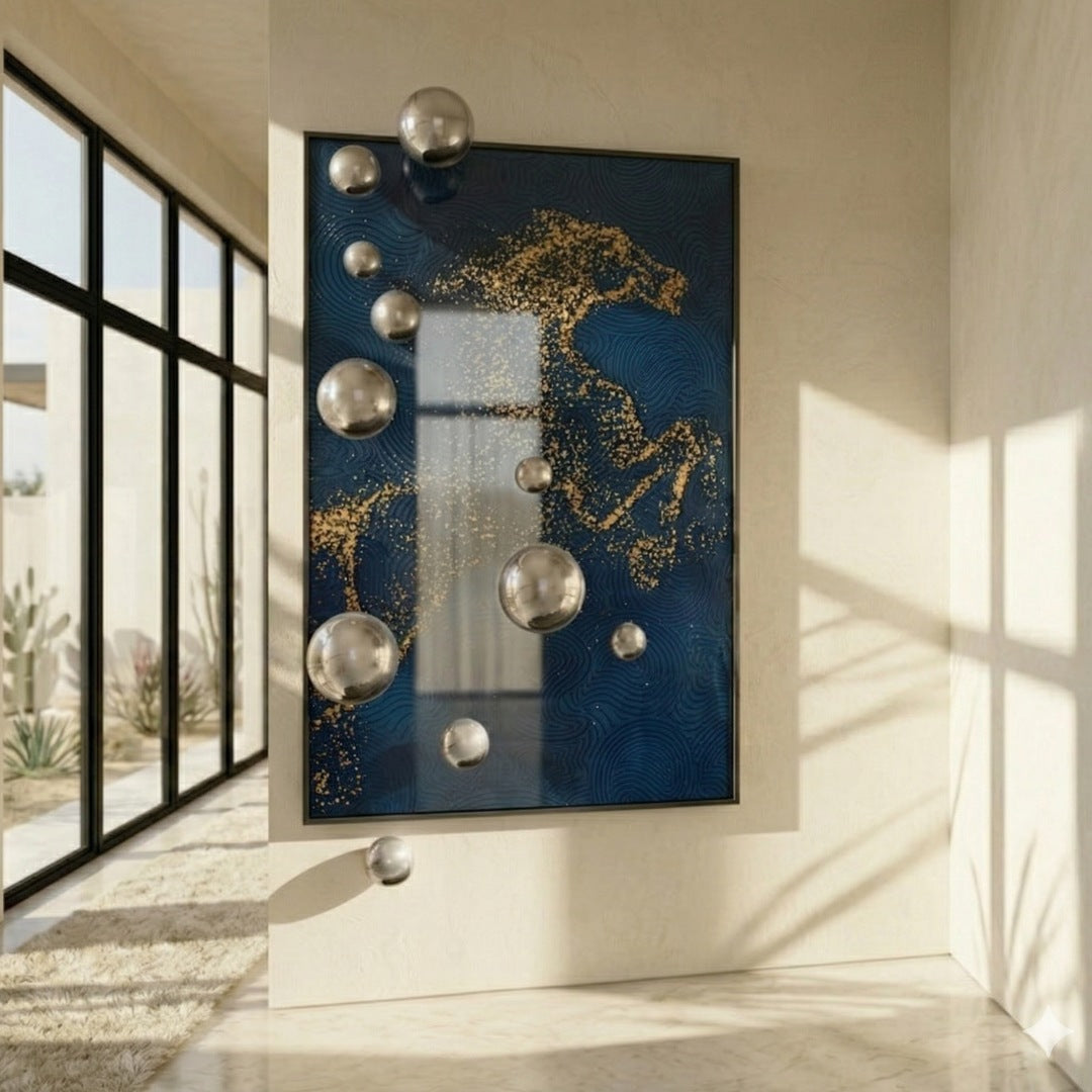 AstraLuxe Blue & Gold 3D Wall Art With Metal Balls by Giant Sculptures showing a gold-flecked rearing horse on a deep blue contoured canvas with cascading polished silver metal spheres, displayed in a sunlit modern hallway.