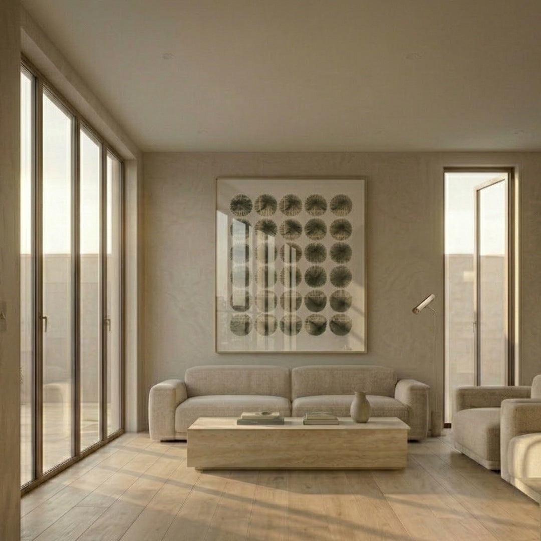 Pinstripe Radial Disc Hand-Woven Metal 3D Wall Art by Giant Sculptures displayed in a neutral-toned living room above a beige sofa, showing green-black woven metal discs in a grid layout within a brushed aluminium frame.