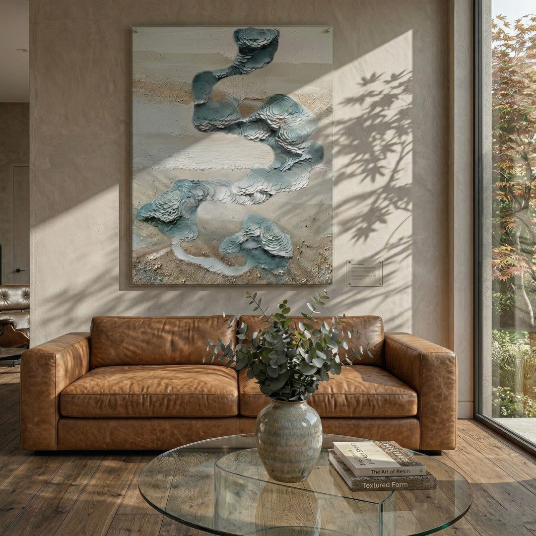 Aqualoom II Layered Leather Hand-Painted 3D Wall Art by Giant Sculptures displayed above a brown leather sofa, showing aqua and grey leather disc clusters on a sand-toned textured background.