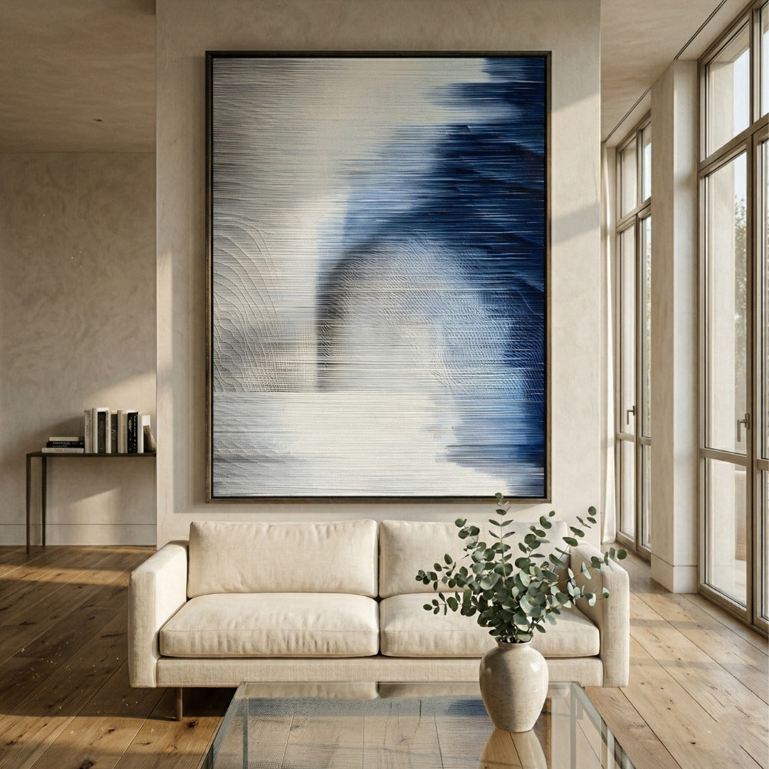 Striathen Cobalt & Grey Blur Textured Rope 3D Wall Art by Giant Sculptures displayed in a bright living room above a cream sofa, showing gradient cobalt-to-grey tones with raised rope texture in an aluminium frame.