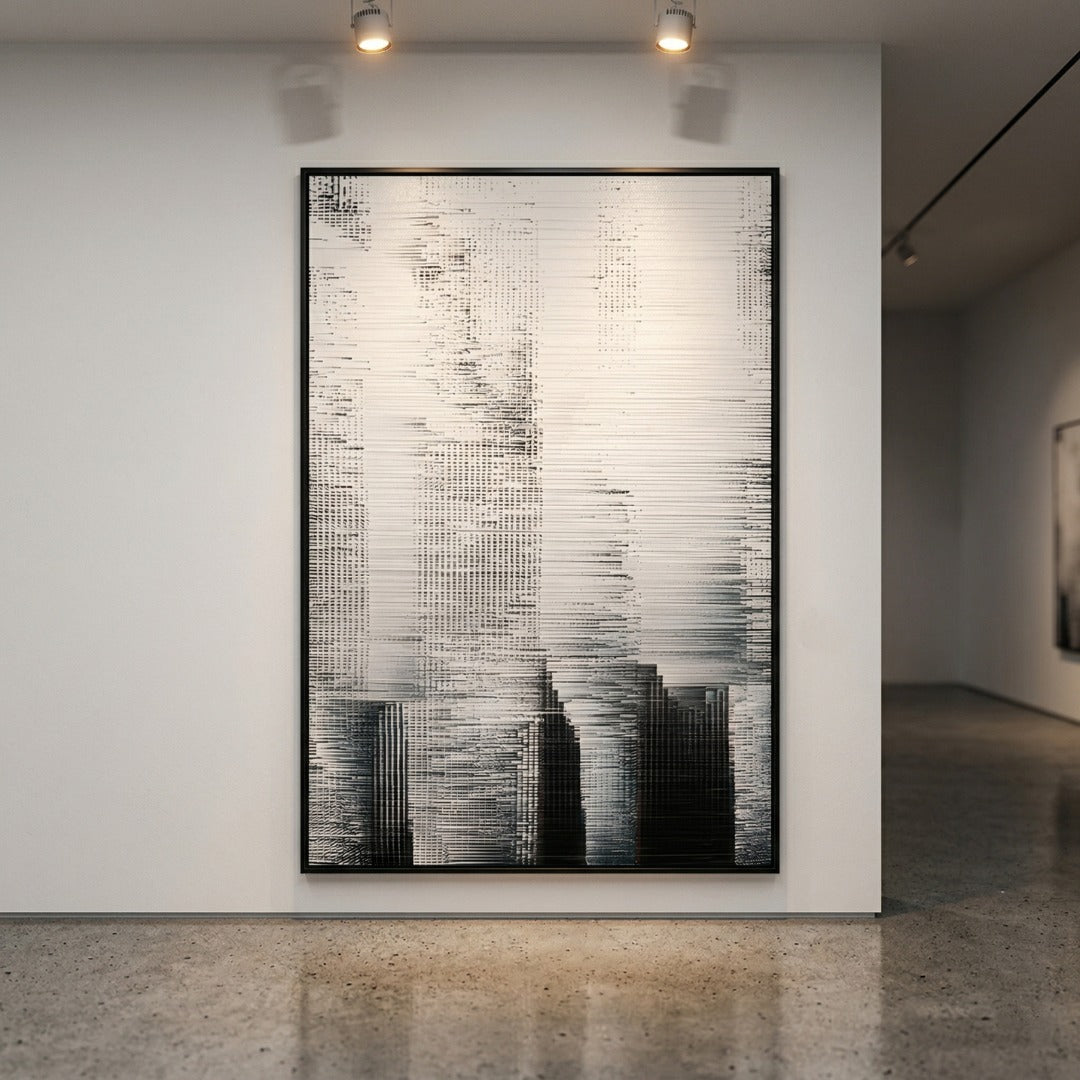 Striathen Smoke & Silver Blur Textured Rope 3D Wall Art by Giant Sculptures displayed in a gallery setting, showing layered horizontal rope relief in smoke grey and charcoal tones within a slim black frame.