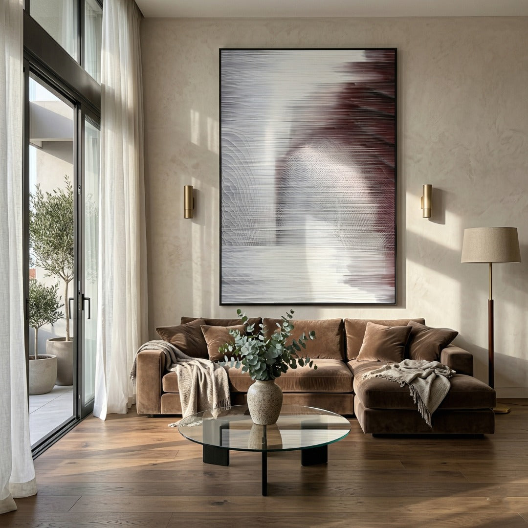 Striathen Crimson & Grey Blur Textured Rope 3D Wall Art by Giant Sculptures displayed in a living room above a brown velvet sectional sofa, showing horizontal rope texture shifting from grey to muted crimson.