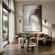 Striathen Crimson & Grey Blur Textured Rope 3D Wall Art by Giant Sculptures displayed in a living room above a brown velvet sectional sofa, showing horizontal rope texture shifting from grey to muted crimson.