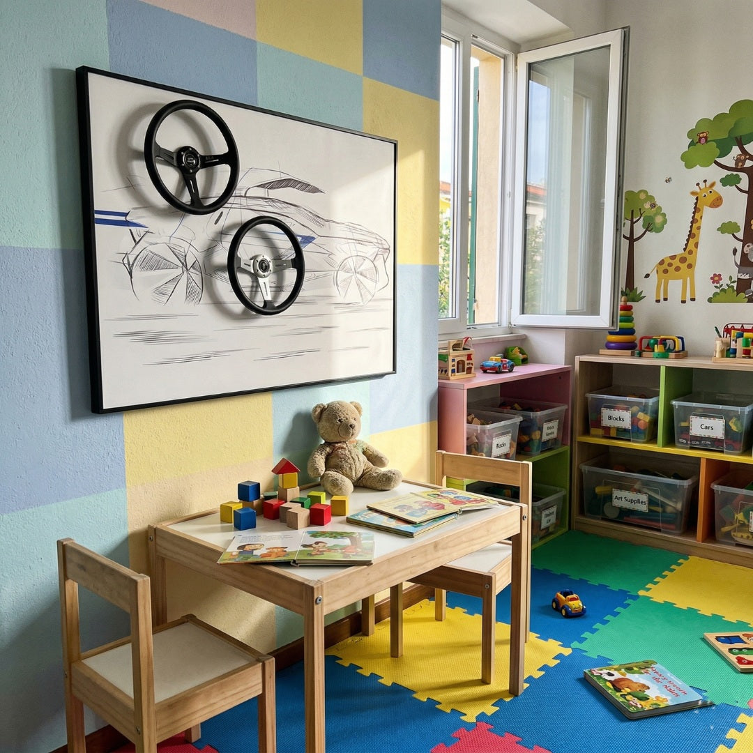 Apexline Steering Wheel Car Sketch 3D Wall Art by Giant Sculptures displayed in a colorful kids' playroom, showing two black mounted steering wheels over a hand-drawn car sketch in a brushed aluminium frame.
