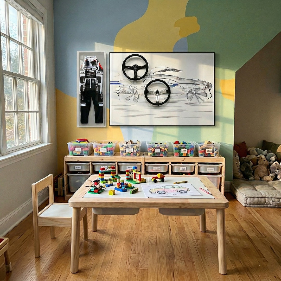 Apexline Motorsport Racing Theme 2-Set 3D Wall Art by Giant Sculptures installed in a children's playroom, featuring a racing suit in an acrylic display box and a car sketch panel with mounted black steering wheels above a wooden play table.