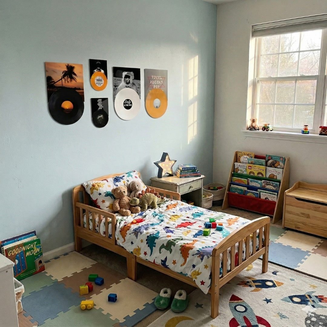 Vinylora Sunset & Space Vinyl Records 5-Panel Wall Art by Giant Sculptures displayed above a toddler bed, showing vinyl records paired with sunset and astronaut canvas prints on a light blue wall.