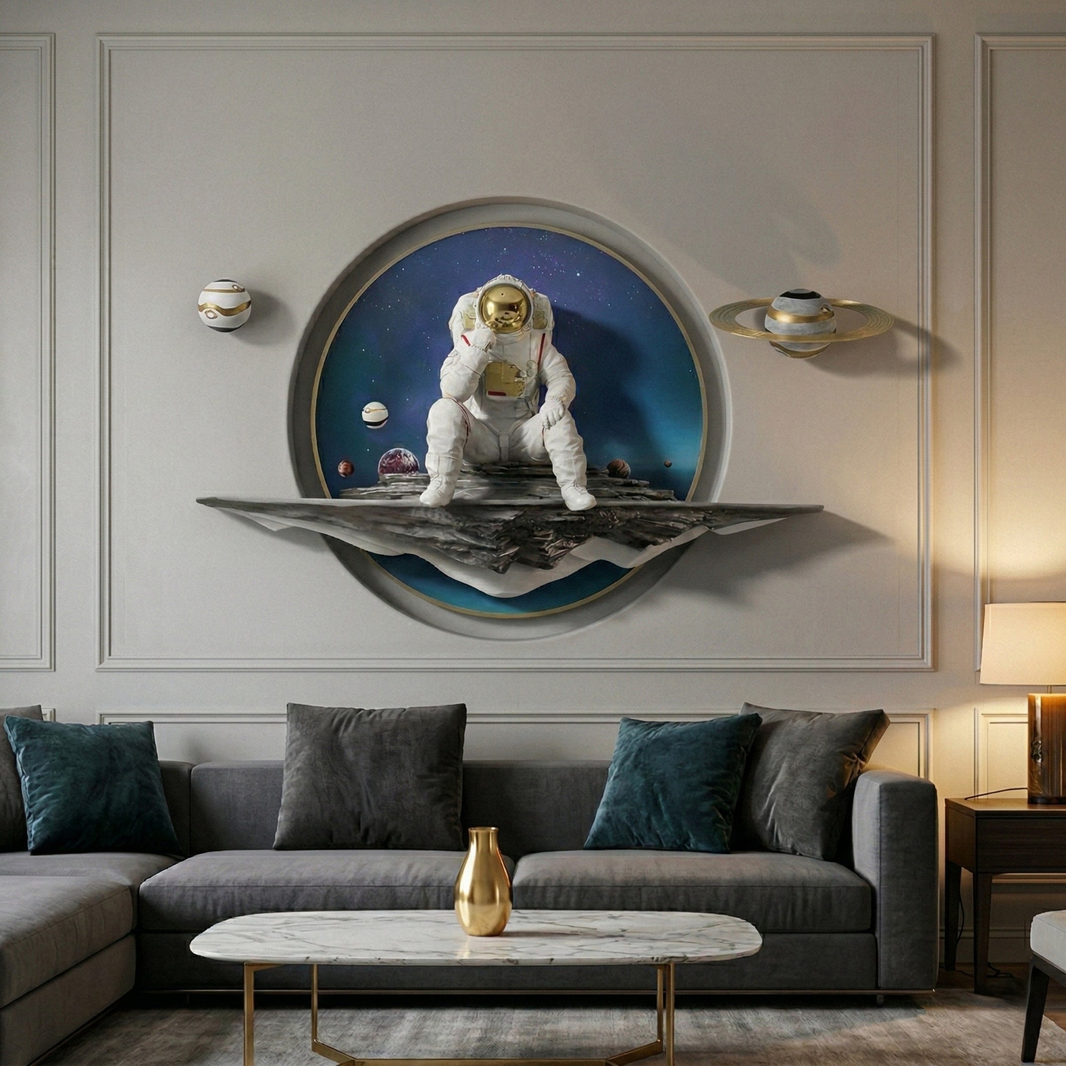 White 3D Galaxy Astronaut Thinker Round Wall Art by Giant Sculptures mounted above a grey sectional sofa, featuring a seated astronaut on a projecting rock ledge against a deep blue starry backdrop with gold rim and surrounding planetary elements.