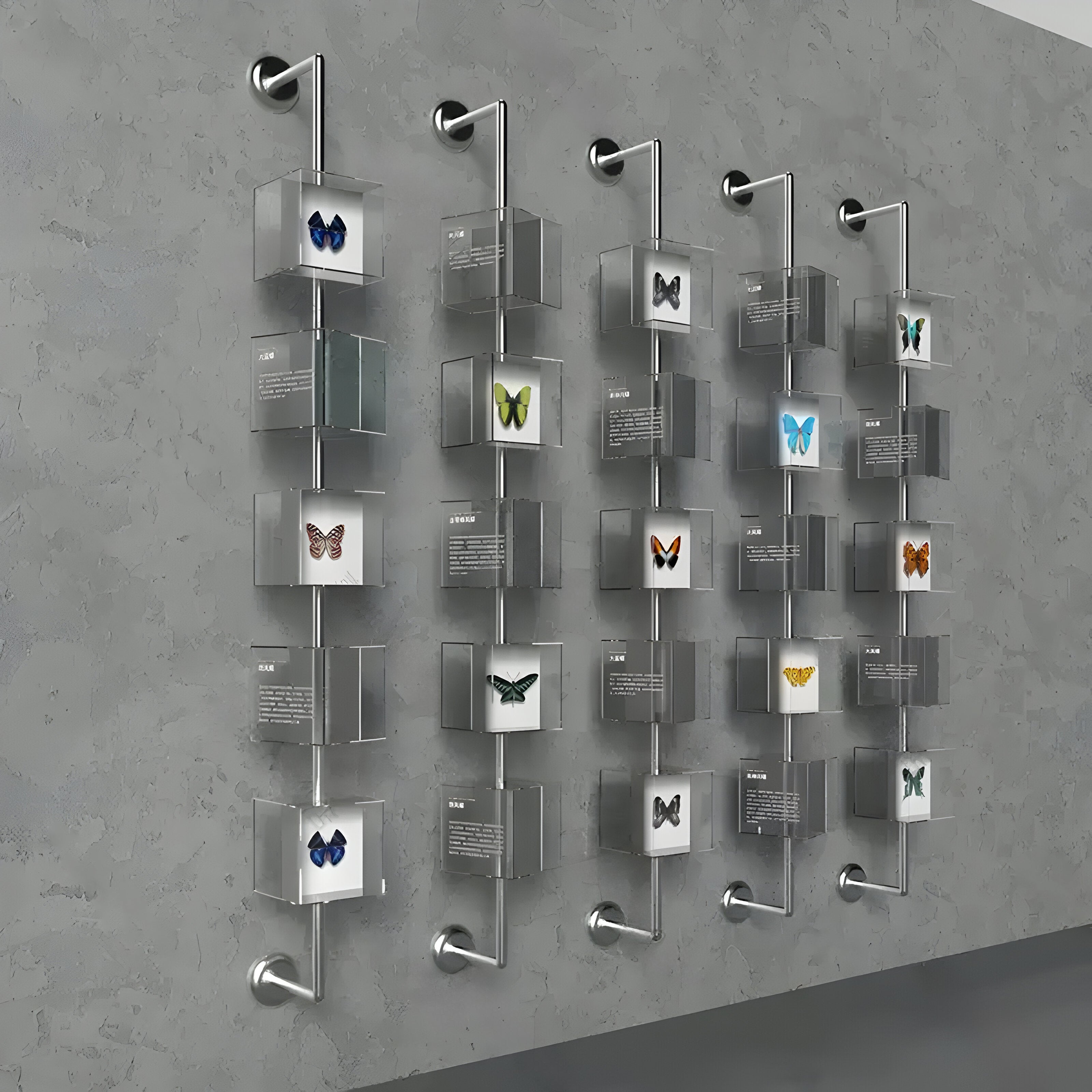 A minimalist display of the Giant Sculptures Papilio Butterfly Cascade Clear Modern 3D Wall Art Set features butterflies in acrylic cubes on a gray wall. Arranged in a grid, they showcase various species with informative plaques under each specimen.