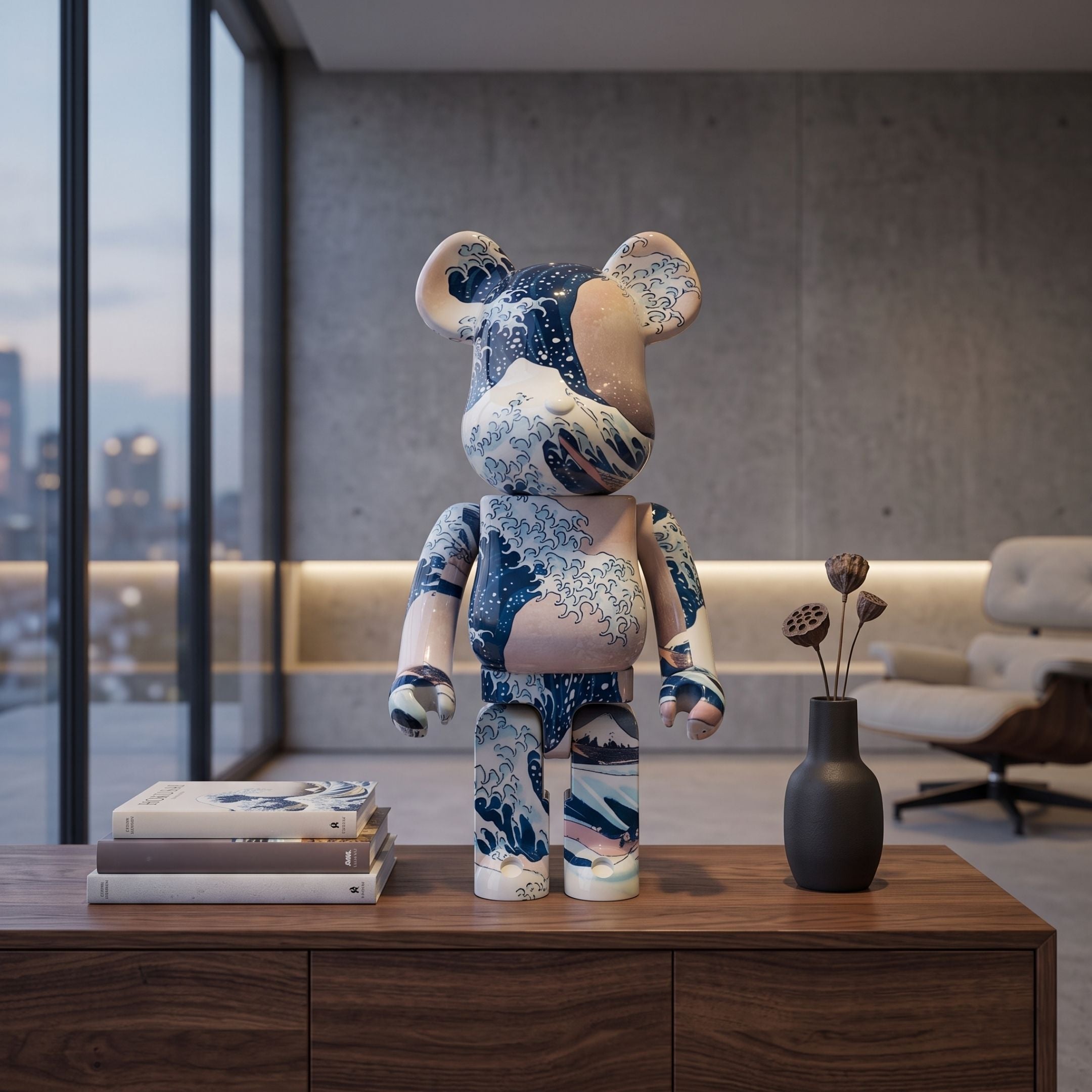 Ocean Surge Bear Sculpture - 70cm by Giant Sculptures, wave-patterned blue and white resin bear on a wooden sideboard in a modern living room.