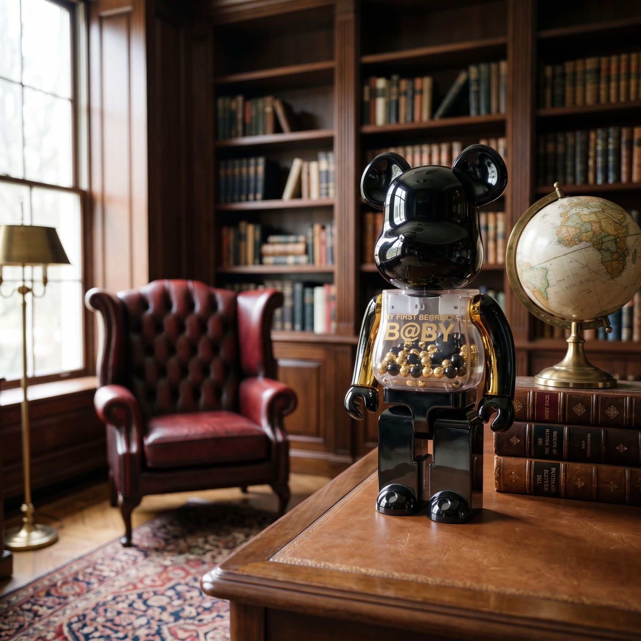 Onyx Gilded Beads Bear Sculpture, 70cm, glossy black bear with gold-bead filled clear torso, displayed on a desk in a wood-paneled library with leather chair and globe.