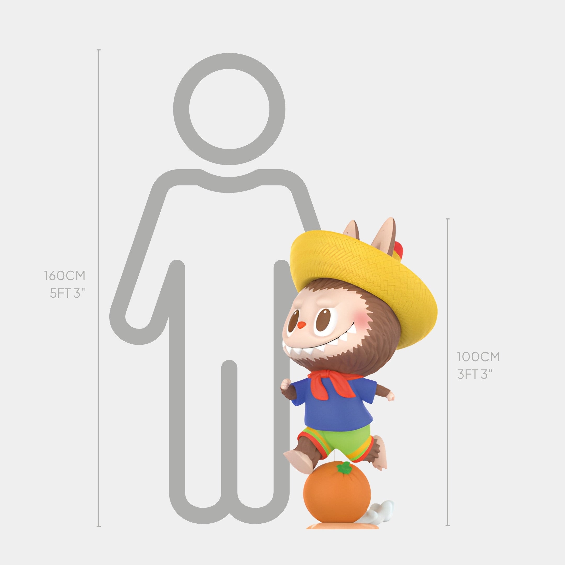 A small cartoon animal in a yellow hat and colorful outfit stands on the 100cm Orange Fruit Labubu Sculpture by Giant Sculptures, shown next to a height chart comparing it (100 cm) to a 160 cm tall human figure.