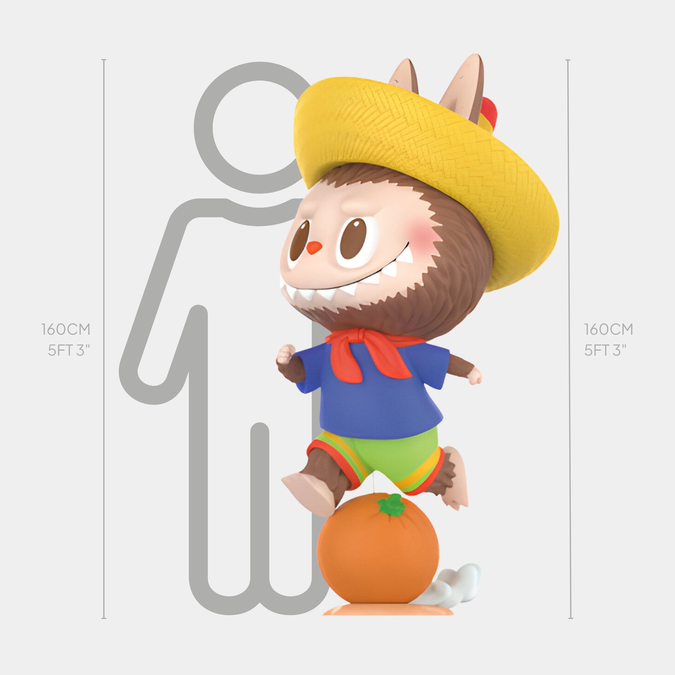 A playful Orange Fruit Labubu Sculpture by Giant Sculptures features a cartoon character with animal ears and tail, yellow hat, blue shirt, green shorts, balancing on an orange ball. The fibreglass piece is 160cm tall.