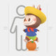A playful Orange Fruit Labubu Sculpture by Giant Sculptures features a cartoon character with animal ears and tail, yellow hat, blue shirt, green shorts, balancing on an orange ball. The fibreglass piece is 160cm tall.