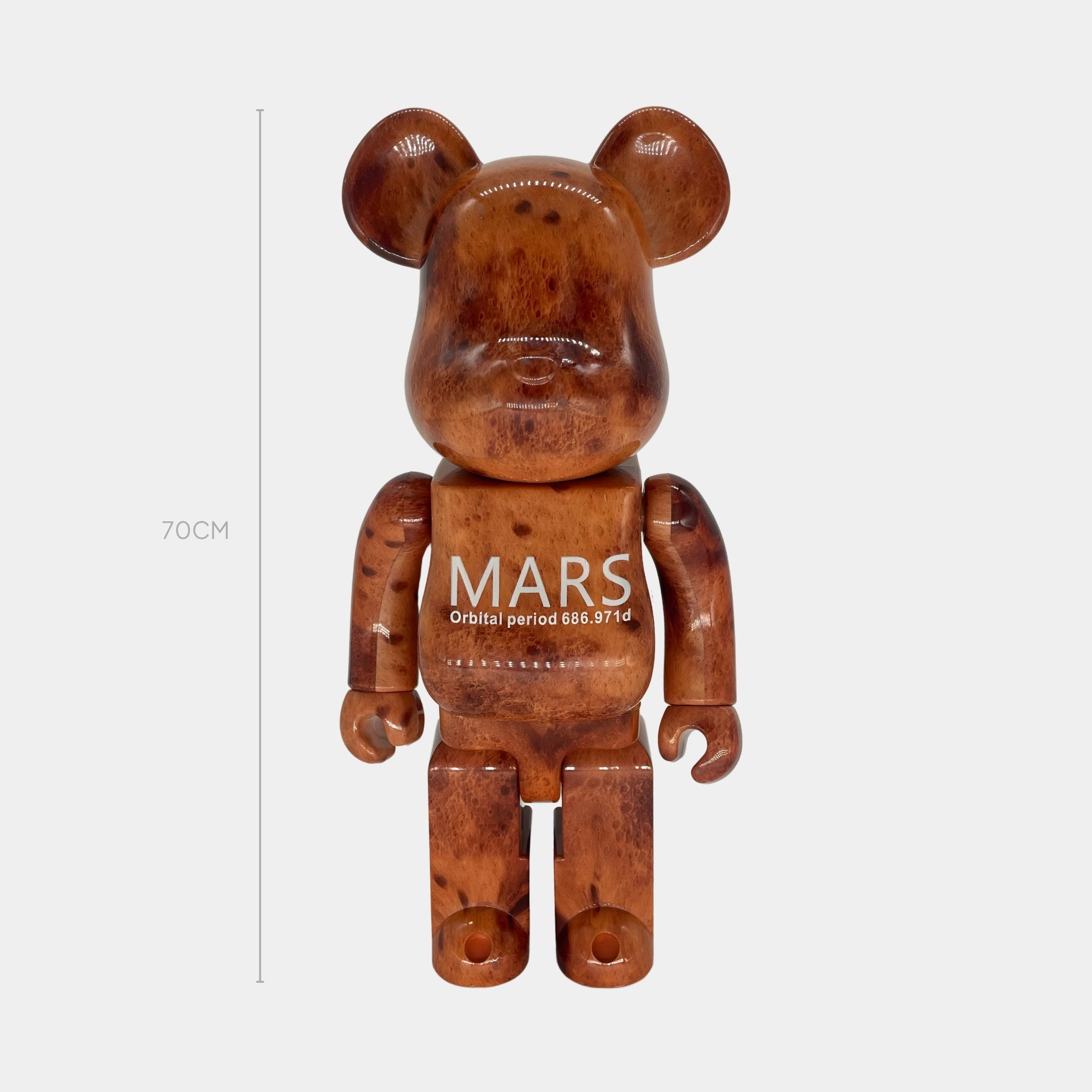 The Giant Sculptures Orbital Bark Bear Sculpture - 70cm stands upright with a high-gloss UV-sealed lacquer, featuring MARS and Orbital period 686.971d in white on its chest, and a realistic burl-wood finish against a light background.