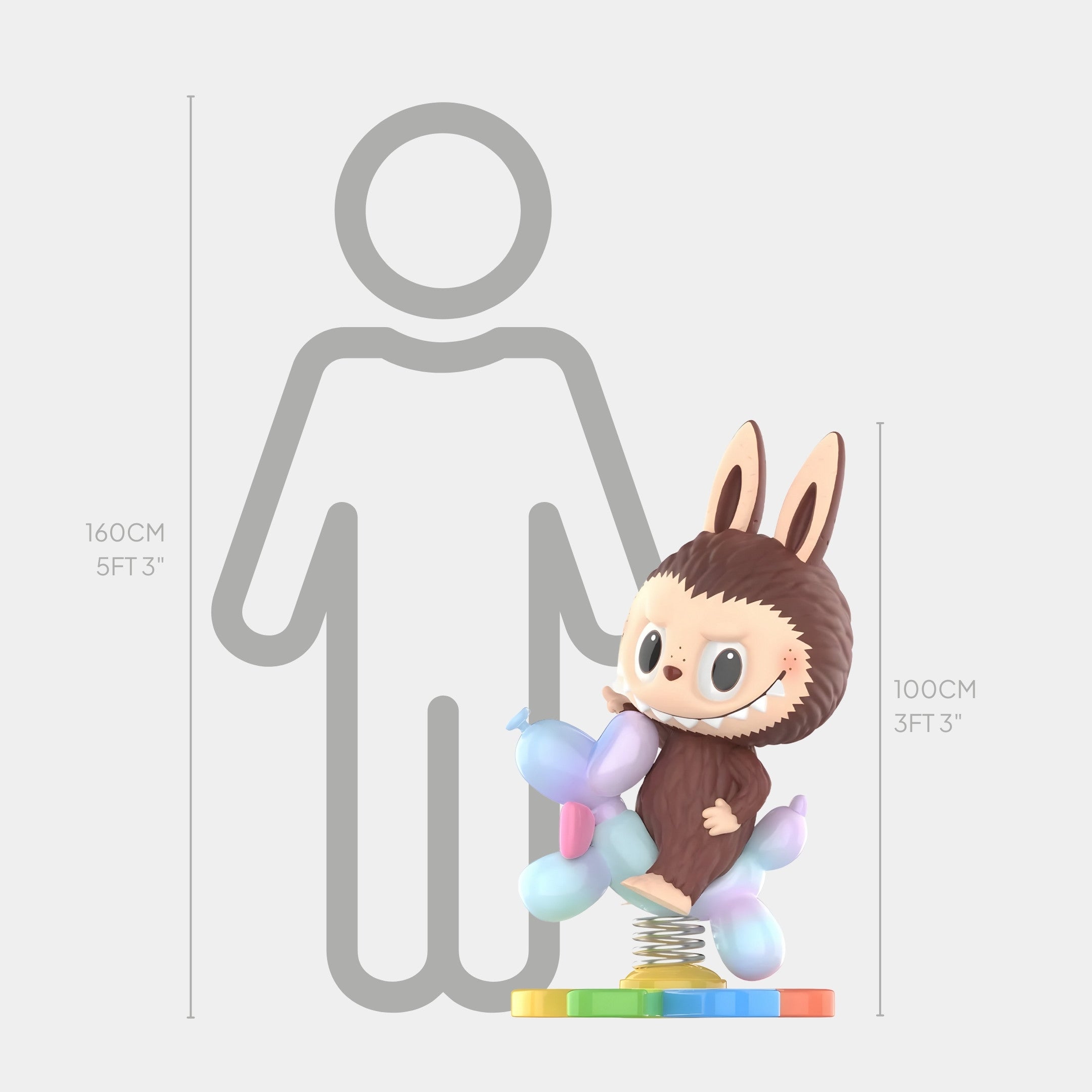 The Mokoko Over There Labubu Sculpture by Giant Sculptures is a 100cm-tall, doll-sized bunny in costume holding a balloon animal on a vibrant spring base, made from fibreglass with UV-resistant flocking and shown next to a 160cm human silhouette.