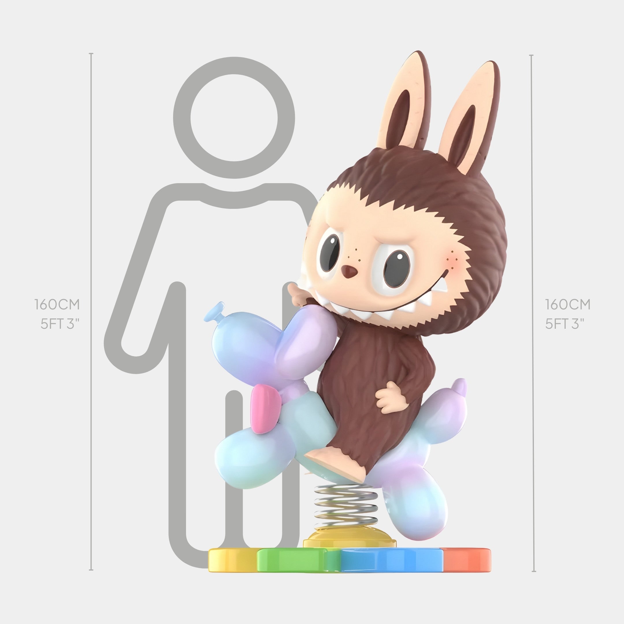 The Mokoko Over There Labubu Sculpture - 160cm by Giant Sculptures features a child in a bunny costume on pastel balloon animals atop a spring base. Made from UV-resistant flocked fiberglass, this piece is 160 cm tall—smaller than an adult.