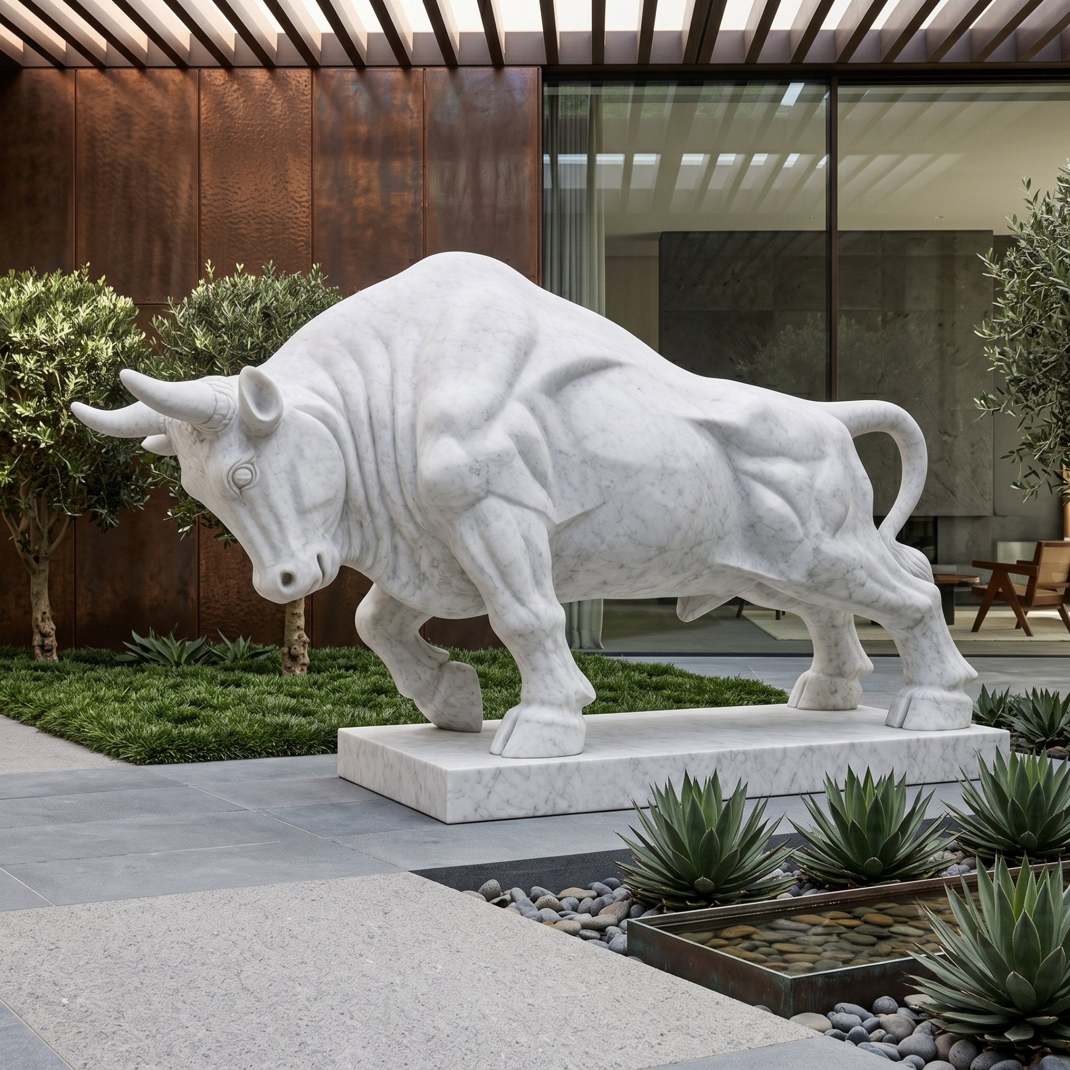 Charging Bull White Marble Garden Statue - 180cm, horns lowered and one foreleg raised, on a rectangular slab in a modern courtyard with agave plants.